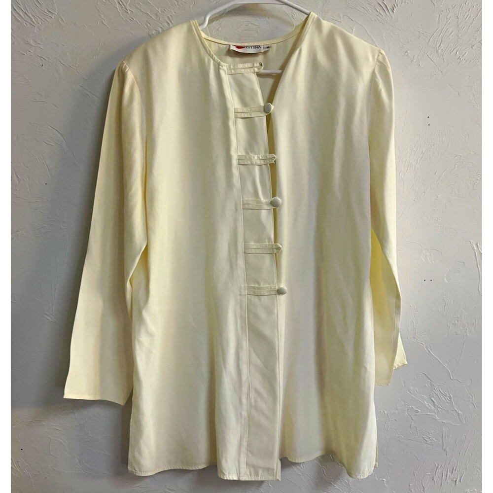 Vintage Cristina Women’s Blouse M Ivory Solid Round Neck 3/4 Sleeve Button Front